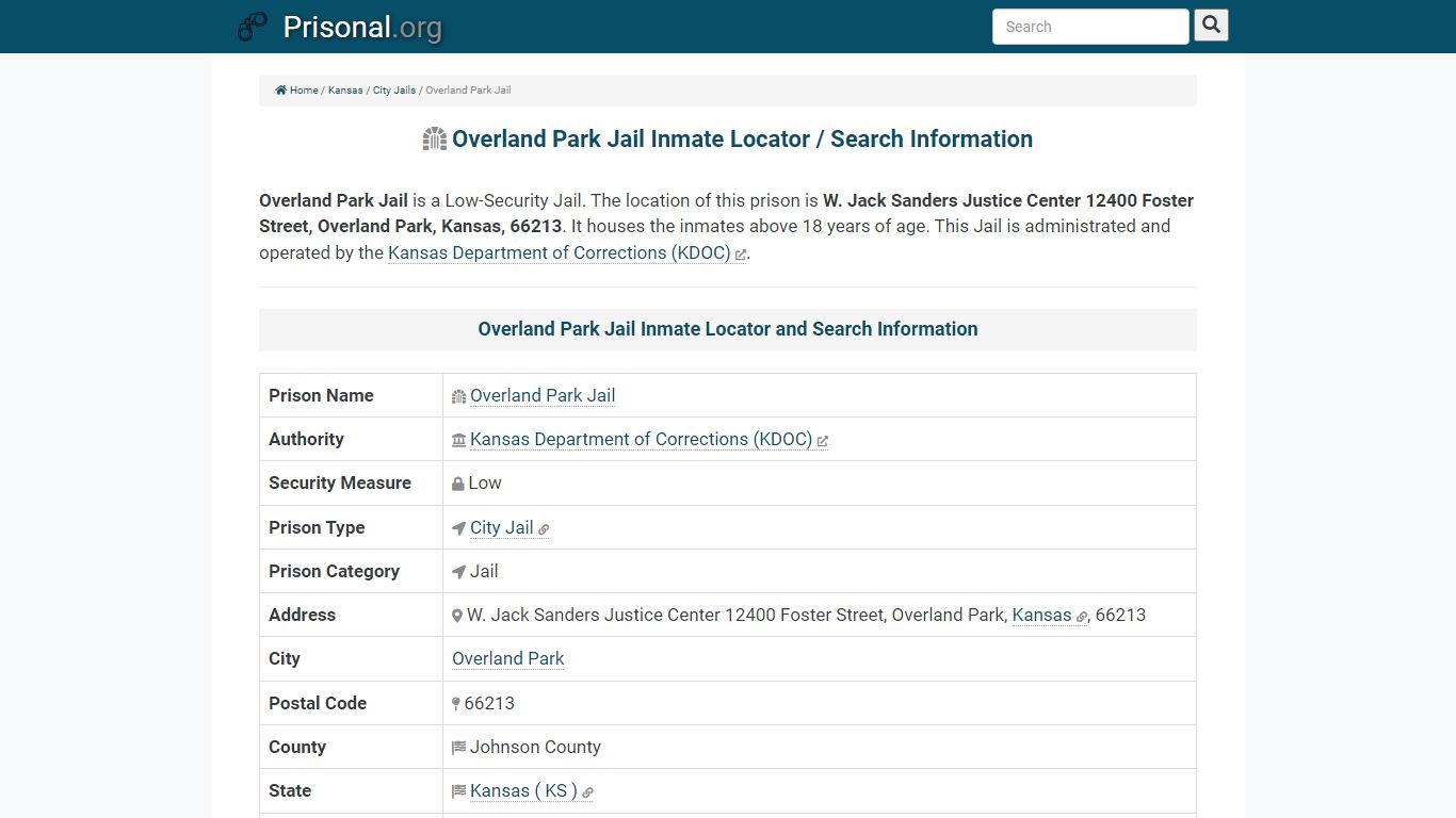 Overland Park Jail-Inmate Locator/Search Info, Phone, Fax, Email ...